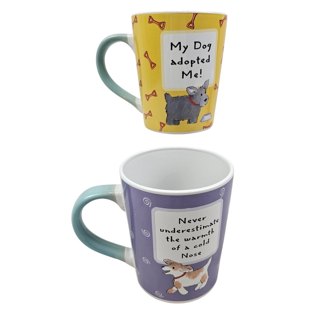 2 Tumbleweed Dog Lover Ceramic Mug Set My Dog Adopted Me Cold Nose Yellow Purple